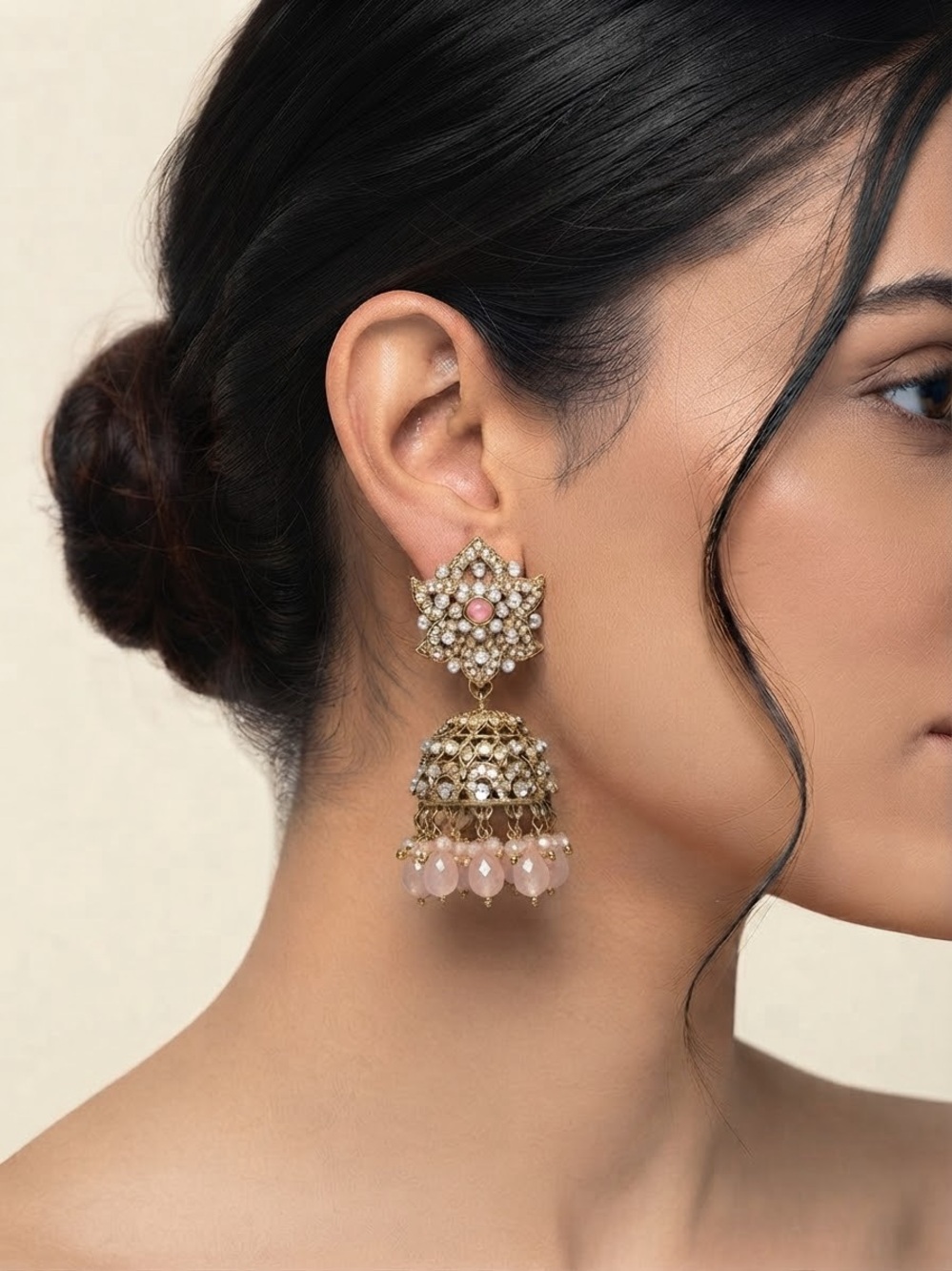 Gold and Pink Floral Jhumka Earrings Cristal only for 30$ for women